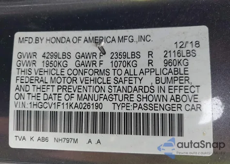 2019 Honda Accord Lx z USA, uszkodzony, nr VIN 1HGCV1F11KA026190